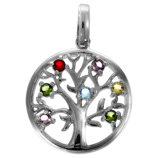 Anhänger Silber 925 rhodiniert Motiv Lebensbaum mit farbigen Glassteinen