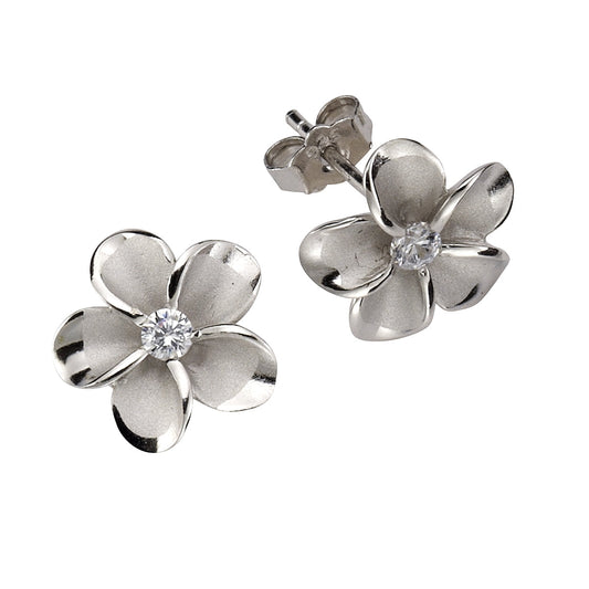 Ohrringe Silber 925 rhodiniert Ohrstecker Blume mit je einem Zirkonia Stein
