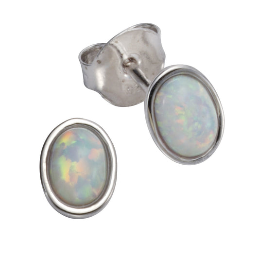 Ohrstecker 925/- Sterling Silber rhodiniert mit synth. Opal weiß und 7mm Länge