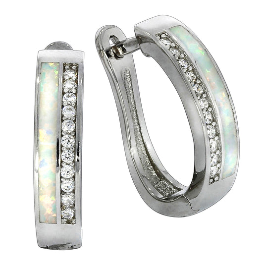 Klappcreolen aus 925/- Sterling Silber rhodiniert mit synthetischem Opal in weiß und jw 11 weißen Zirkonia
