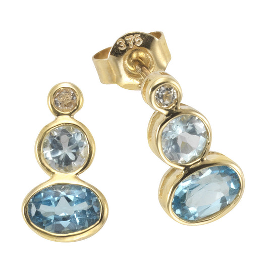 Ohrstecker 375/- Gelbgold mit 4 Blautopas Steinen (beh) und 2 Weißtopas Steinen