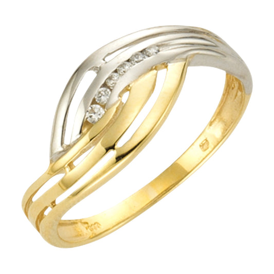 Damenring 333/- Gelbgold zweifarbig mit 6 weißen Zirkonia-Steinen
