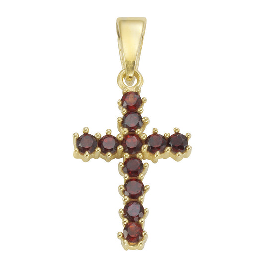 Damen-Anhänger 333 Gelbgold Kreuz-Motiv mit 11 Granat-Steinen