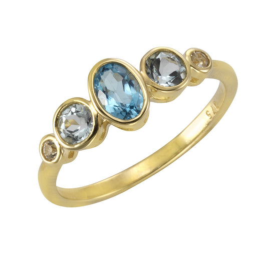 Damen Ring 375/- Gelbgold mit 3 Blautopas Steinen (beh) und 2 Weißtopas Steinen