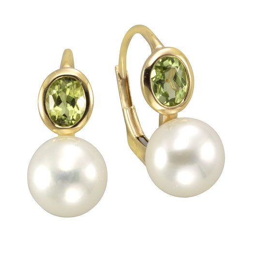 Ohrhänger 333/- Gelbgold mit 2 Peridot Steinen und 2 Süsswasserzuchtperlen