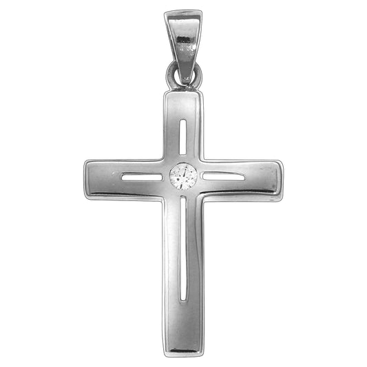 Anhänger Silber 925 rhodiniert Motiv Kreuz mit einem weißen Zirkonia Stein und 2,6cm Länge