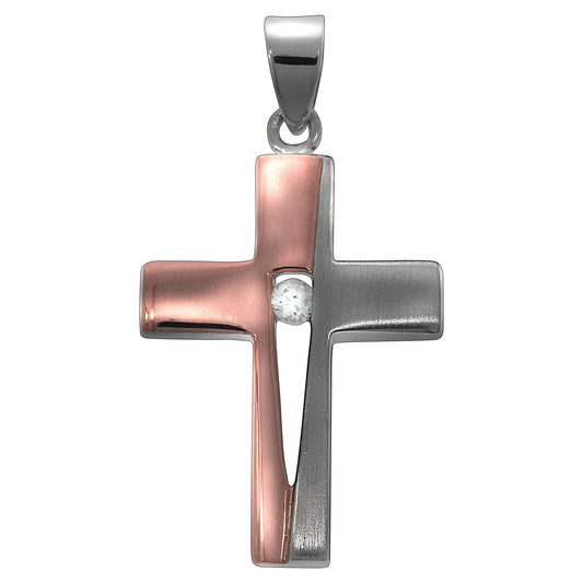 Anhänger Silber 925 zweifarbig Motiv Kreuz mit einem weißen Zirkonia Stein