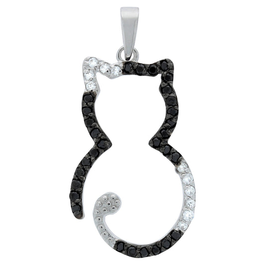 Anhänger aus 925/- Sterling Silber rhodiniert, Katze mit 41 weißen Zirkonia-Steinen und 3,1cm Länge