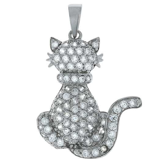 Anhänger SIlber 925 rhodiniert Motiv Katze mit 80 weißen Zirkonia Steinen