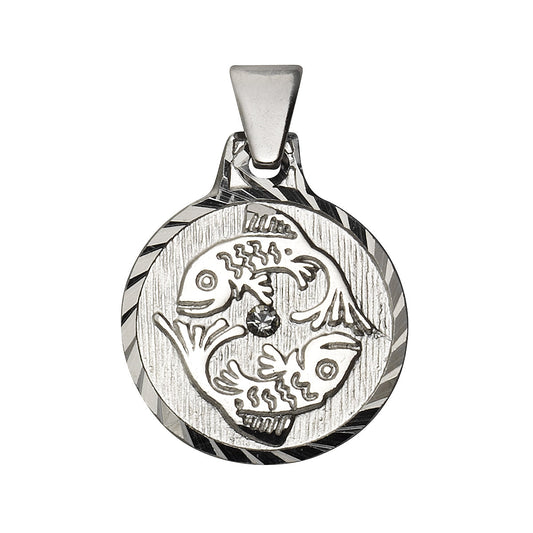 Anhänger 925/- Sterling Silber rhodiniert Sternzeichen "Fische" mit einem weißen Kristall und diamantierter Rand