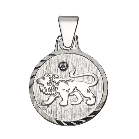 Anhänger 925/- Sterling Silber rhodiniert Sternzeichen "Löwe" mit einem weißen Kristall und diamantierter Rand