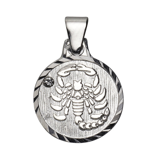 Anhänger 925/- Sterling Silber rhodiniert Sternzeichen "Skorpion" mit einem weißen Kristall und diamantierter Rand