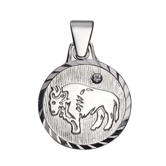 Anhänger 925/- Sterling Silber rhodiniert Sternzeichen "Stier" mit einem weißen Kristall und diamantierter Rand