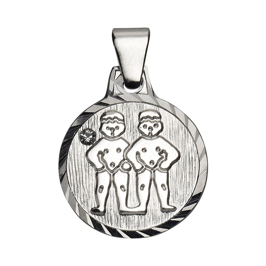 Anhänger 925/- Sterling Silber rhodiniert Sternzeichen "Zwillinge" mit einem weißen Kristall und diamantierter Rand