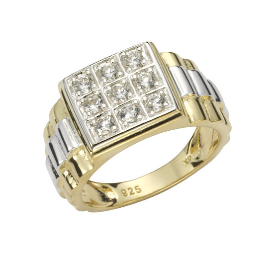 Herren Ring SIlber 925 Silber rhodiniert und vergoldet mit 9 weißen Zirkonia Steinen