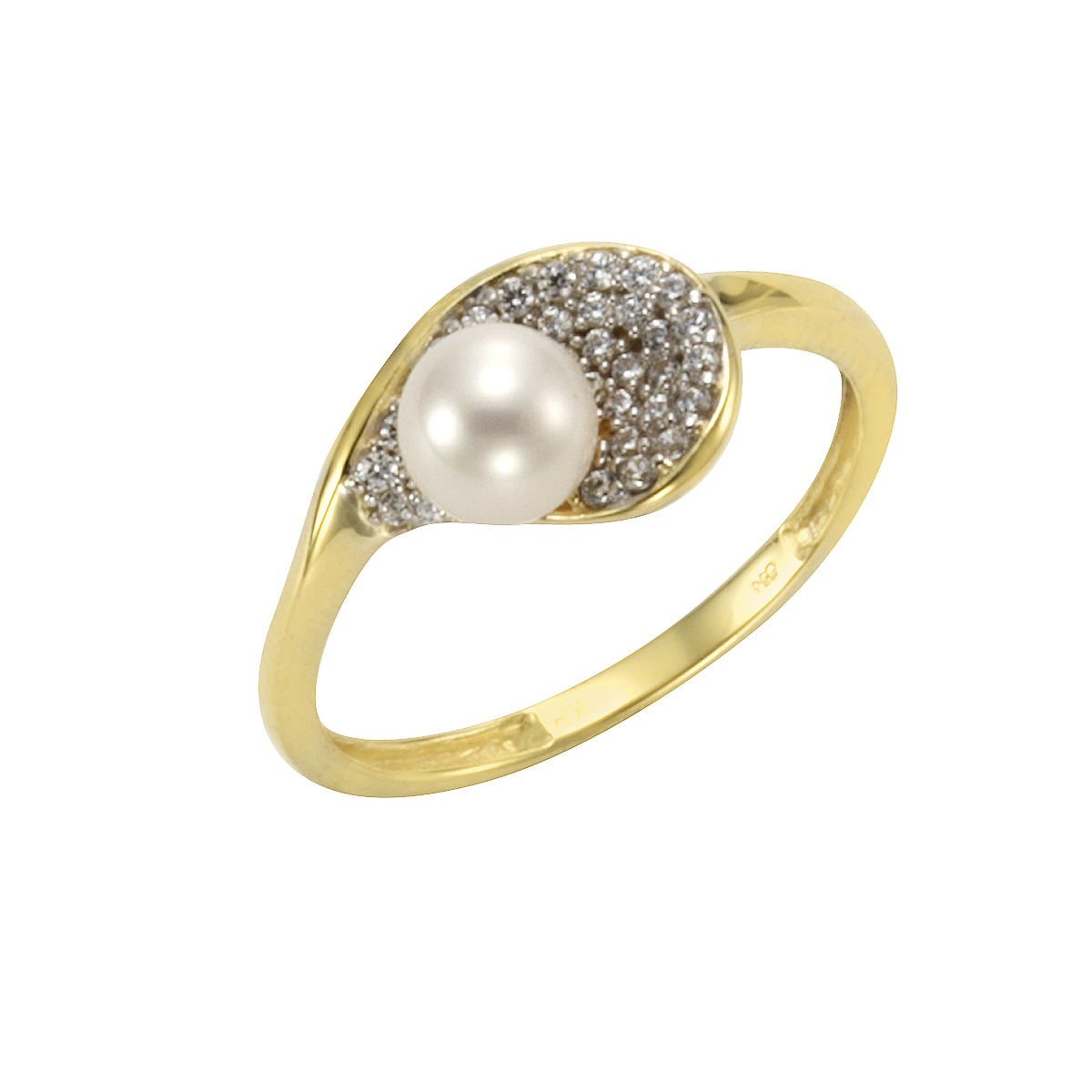 Damenring aus 333/- Gelbgold Bicolor mit einer Süßwasserzuchtperle (5,5mm) und 36 weißen Zirkonia-Steinen