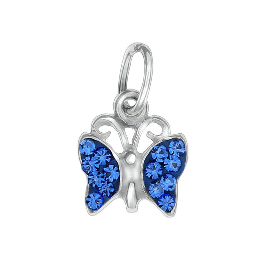 Anhänger aus 925/- Sterling Silber in Form eines Schmetterlings mit 14 blauen Kristallen und 1,3cm Länge