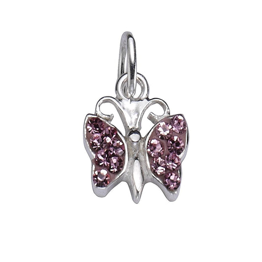 Anhänger aus 925/- Sterling Silber rhodiniert in Form eines Schmetterlings mit 14 pinken Kristallen und 1,3cm Länge
