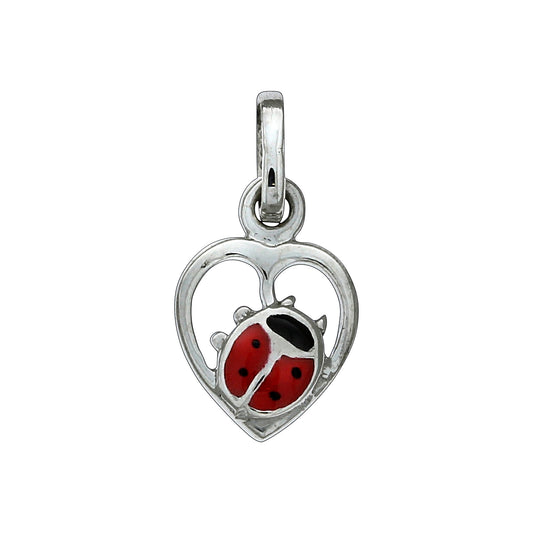 Anhänger 925/- Sterling Silber rhodiniert Herz mit Marienkäfer mit rotem und schwarzem Lack
