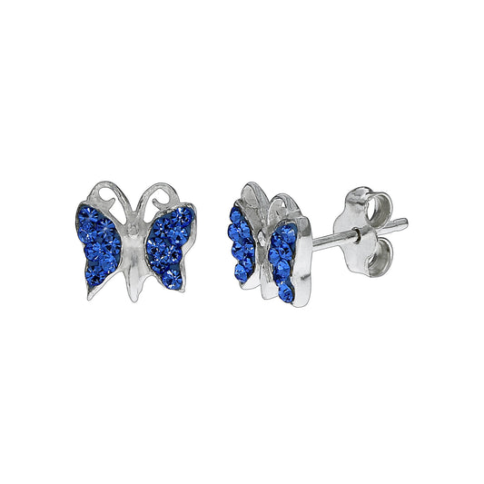 Ohrstecker aus 925/- Sterling Silber in Form eines Schmetterlings mit 28 blauen Kristallen und 7,5mm Länge