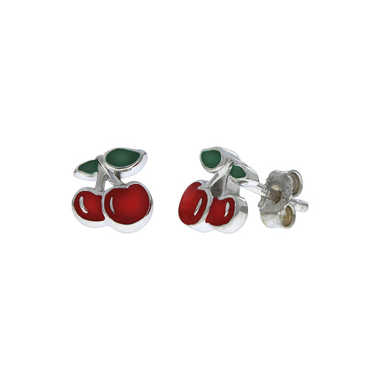 Ohrstecker aus 925/- Sterling Silber rhodiniert in Form von Kirschen mit rotem und grünem Lack