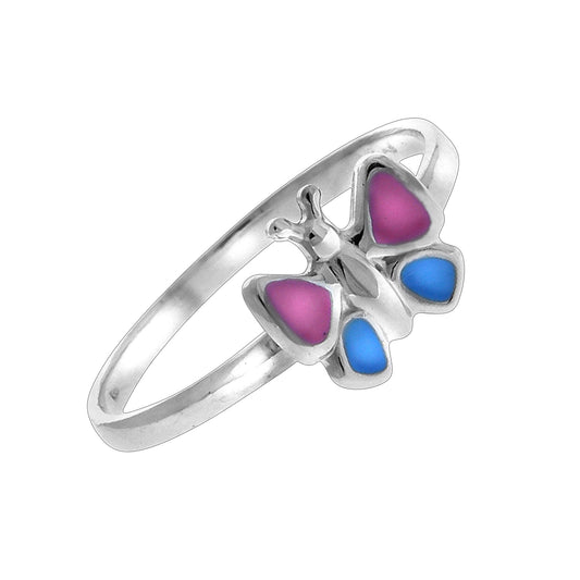 Ring aus 925/- Sterling Silber rhodiniert in Form eines Schmetterlings mit pinken und blauen Lack