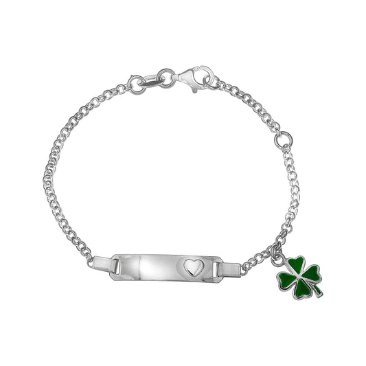 Identitätsarmband aus 925/- Sterling Silber mit einem grünen Kleeblatt und 13-15cm Länge + Karabinerverschluss