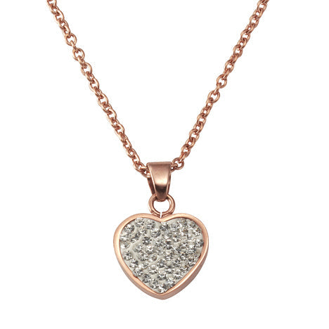Anhänger mit Kette Edelstahl Länge 45+5cm, Karabinerverschluss Herz 2tlg. mit 35 weissen Kristallen
