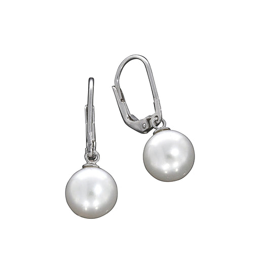 Ohrringe 925 Silber rhodiniert mit Süßwasserzuchtperlen mit ca. 9mm Durchmesser. Die Perlohrringe haben eine Länge von 2,5cm.
