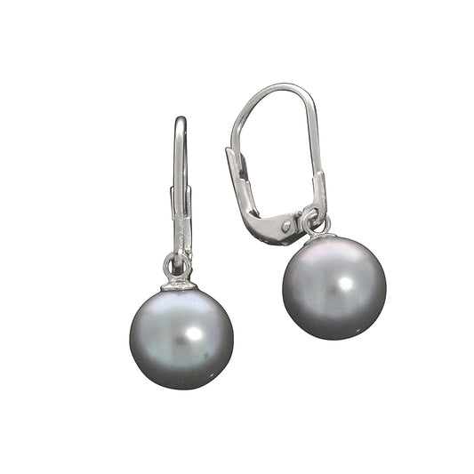 Ohrringe 925 Silber rhodiniert mit Süßwasserzuchtperlen mit ca. 9mm Durchmesser in grau. Die Perlohrringe haben eine Länge von 2,5cm.