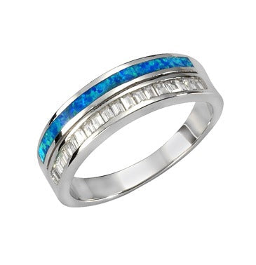 Ring 925/- Sterling Silber rhodiniert mit synth. blauen Opal und 18x Zirkonia