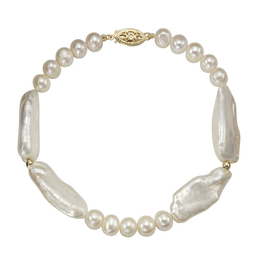 Fascination by Ellen K. - Damen-Armband 585 Gelbgold 21cm mit weißen Perlen 6-7mm und Biwa-Perlen