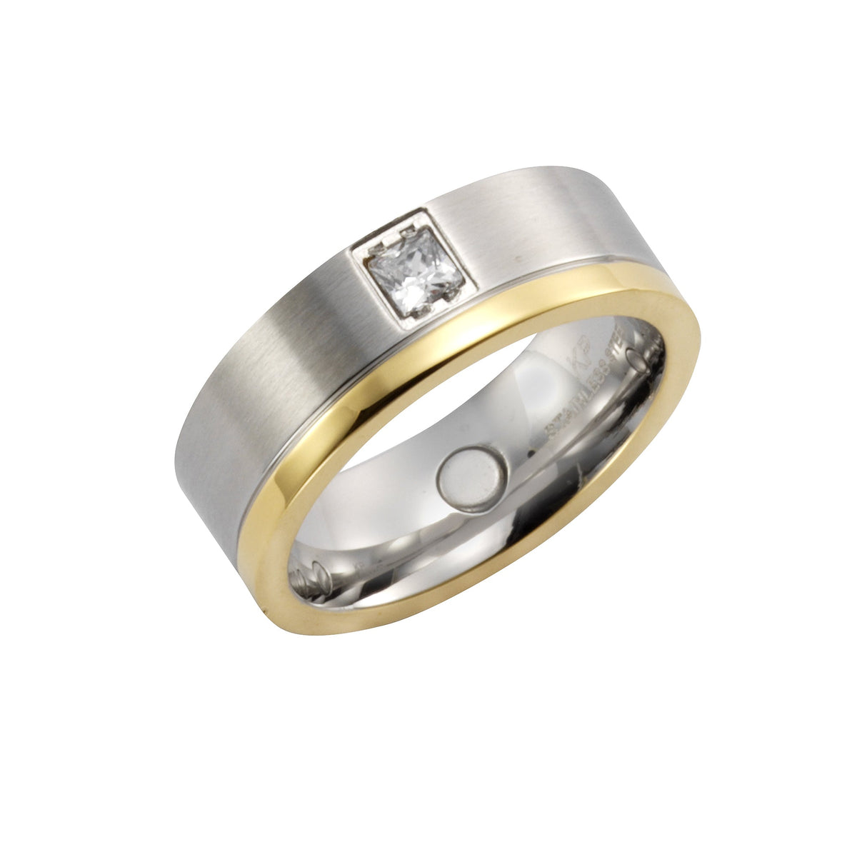 Zeeme Stainless Steel - Damen-Ring aus Edelstahl zweifarbig glanz matt 7mm breit mit weißem Zirkonia-Stein