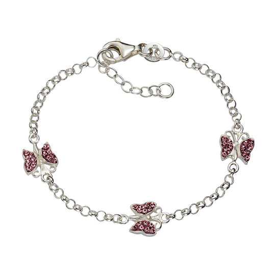 Zeeme for Kids - Kinder-Armband Silber 925 mit 3 Schmetterlingen und pinken Kristallen 14+2cm