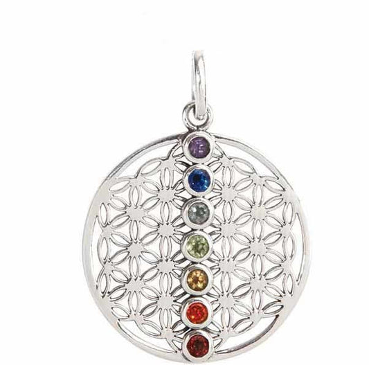 Anhänger Silber 925 rhodiniert Motiv Blume des Lebens 7 echten Steinen Amethyst Blauer Topas Peridot Citrine Granat Rauchquarz