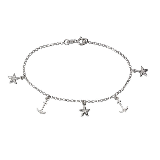 Armband Silber 925 rhodiniert mit Anker und Seestern Motiven und 19cm Länge