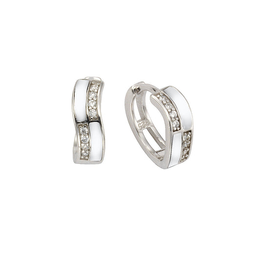 Klappcreolen aus 925/- Sterling Silber rhodiniert mit 16 weißen Zirkona-Steinen, weißer Lackbeschichtung und 1,3cm Länge