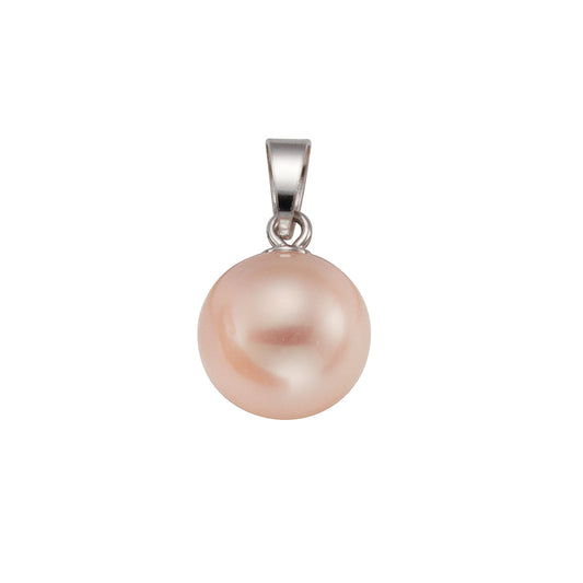 Anhänger aus 925 Silber rhodiniert mit einer natur-pinken Süßwasserzuchtperle mit ca. 9mm Durchmesser. Der Perlanhänger hat eine Länge von 1,4cm.