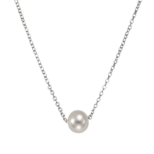 Collier aus 925 Silber rhodiniert mit einer Süßwasserzuchtperle. Die Kette hat eine Länge von 42+5cm.
