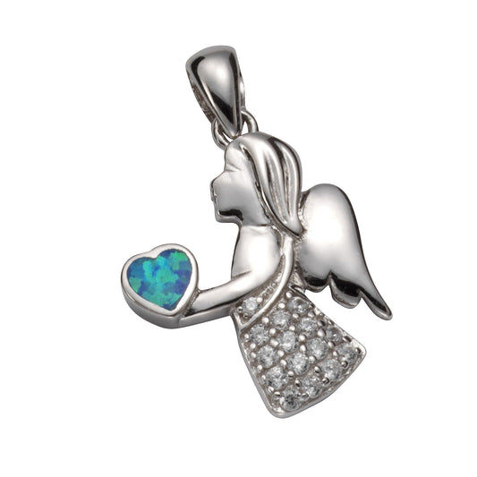 Anhänger Engel aus 925/- Sterling Silber rhodiniert mit synth. Opal in blau und 15 weißen Zirkonia sowie 3,0cm Länge