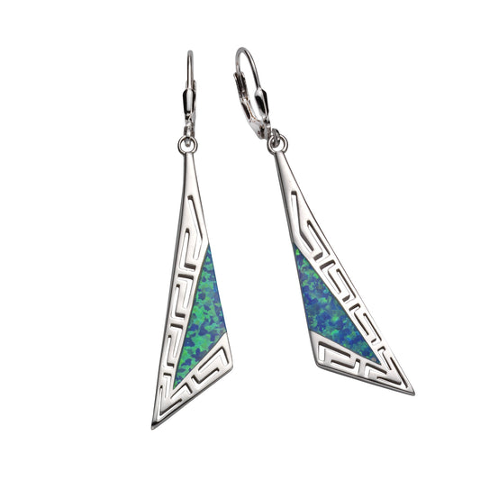 Ohrhänger aus 925/- Sterling Silber rhodiniert mit synth. Opal in blau mit 6,0cm Länge