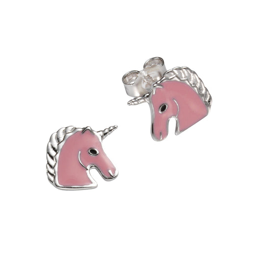 Ohrstecker aus 925/- Sterling Silber rhodiniert, Einhorn mit Lackbeschichtung in pink