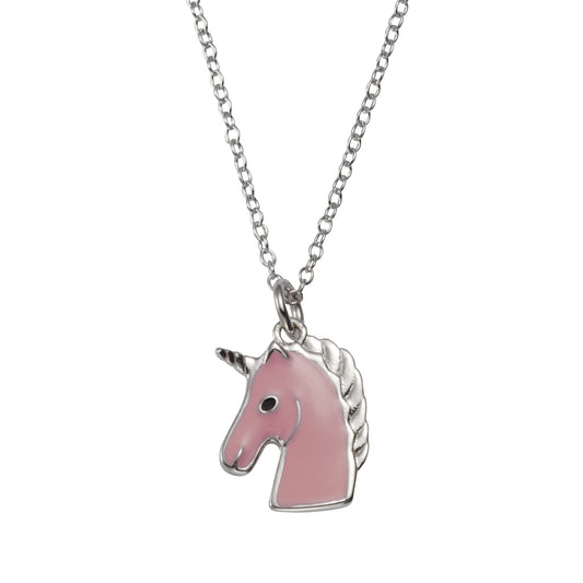 Anhänger mit Kette aus 925/- Sterling Silber rhodiniert, Einhirn mit Lackbeschichtung in pink mit 1,8cm Länge, Kette mit 42+5cm Länge
