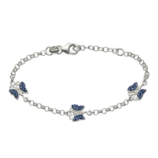 Armband aus 925/- Sterling Silber mit drei Schmetterlingen verziert mit insgesamt 24 blauen Kristallen und 14-16cm Armbandlänge