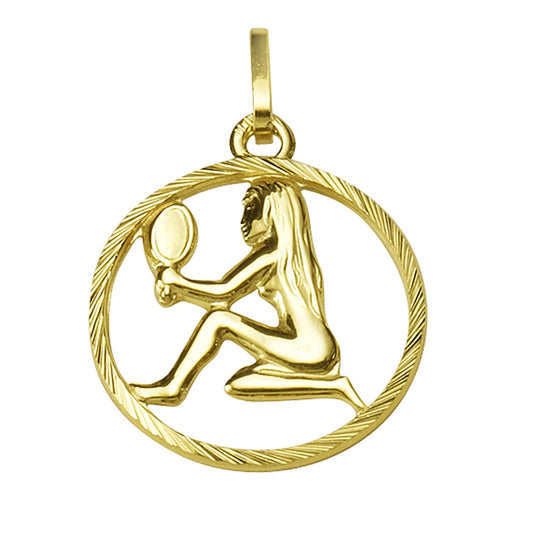 Anhänger Sternzeichen Jungfrau aus 333/- Gelbgold mit 15mm Durchmesser und 21mm Länge. Der Rand des Anhängers ist diamantiert.