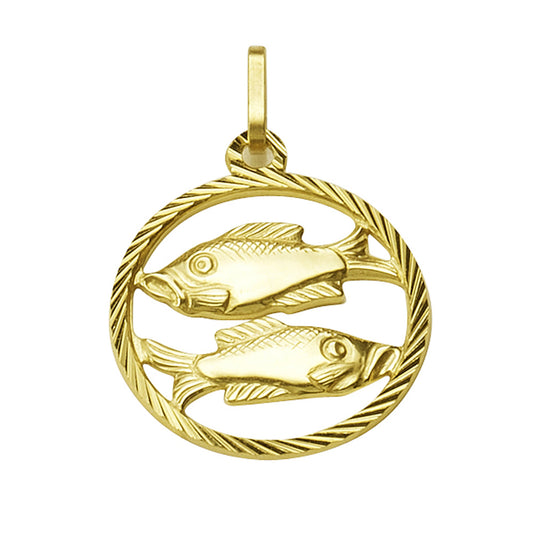 Anhänger Sternzeichen Fische aus 333/- Gelbgold mit 15mm Durchmesser und 21mm Länge. Der Rand des Anhängers ist diamantiert.