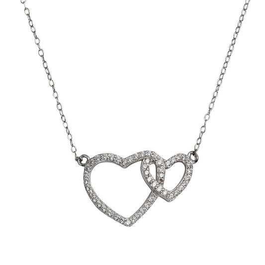 Damen-Collier 925 Silber rhodiniert mit zwei verschlungenen Herzen. Die Länge der Kette 41+5cm Verlängerung. Die Herzen sind mit 49 weißen Zirkonia-Steinen verziert.