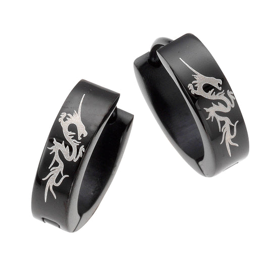 ZEEme Stainless Steel - Unisex-Creolen in Edelstahl schwarz mit Drachenmotiv 13mm Durchmesser