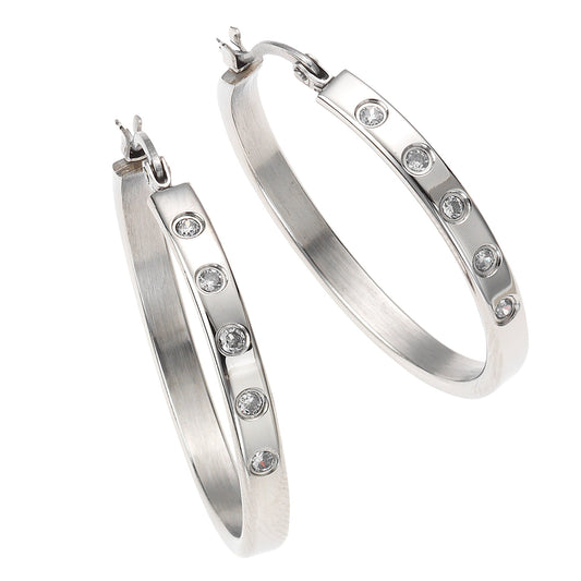 Zeeme Stainless Steel - Damen-Ohrringe aus Edelstahl mit weißem Zirkonia-Steinen 35mm Durchmesser
