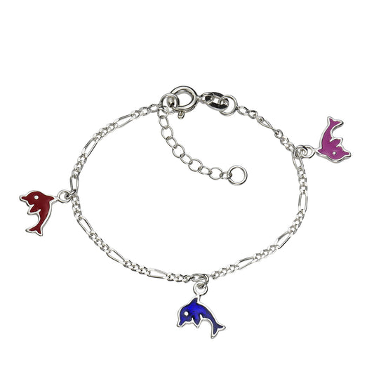 Zeeme for Kids - Kinder-Armband Silber 925 mit 3 kleinen Delfinen in rot, blau und pink - Länge 12,5-15cm